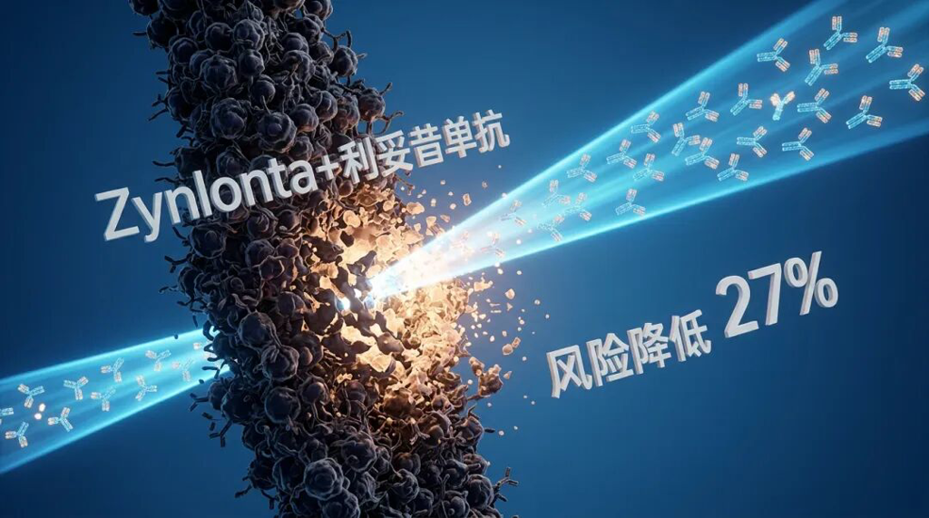 一张专业且充满希望的医学插画。画面中心,代表Zynlonta联合利妥昔单抗的蓝色光束(由发光的抗体分子组成)正精准地穿透并瓦解代表复发难治性DLBCL的暗色屏障。画面标注着“Zynlonta + 利妥昔单抗”以及“风险降低 27%”。整体色调采用盛诺一家品牌蓝(#1996DF),光影柔和,展现了前沿科学带来的生命转机。